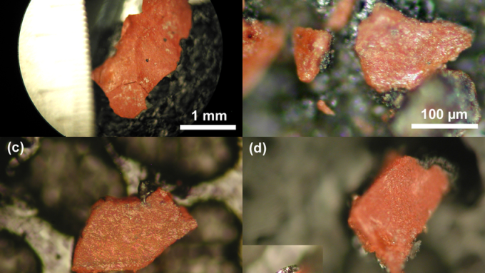 Photomicrographs of red/gray chips from samples 1-4 of the WTC dust involved in this study, shown in (a)-(d) respectively. The inset in (d) shows the chip edge on, which reveals the gray layer. The red/gray chips are mounted on an aluminum pedestal, using a carbon conductive tab, for viewing in the scanning electron microscope (SEM).